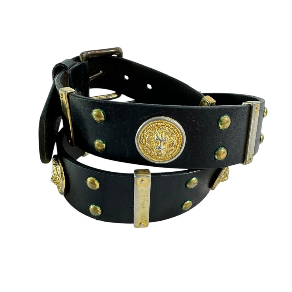 Vintage CODE AZURE Black Genuine Leather Belt with Studs and Lion 34 Unisex